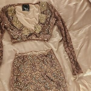 Embellished Lace Two-Piece Mini Dress in Blush Gold